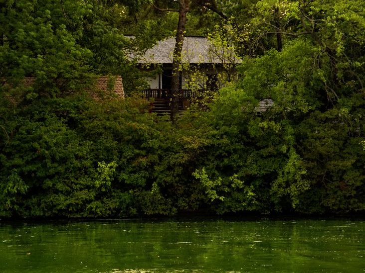 a house is surrounded by trees and green water